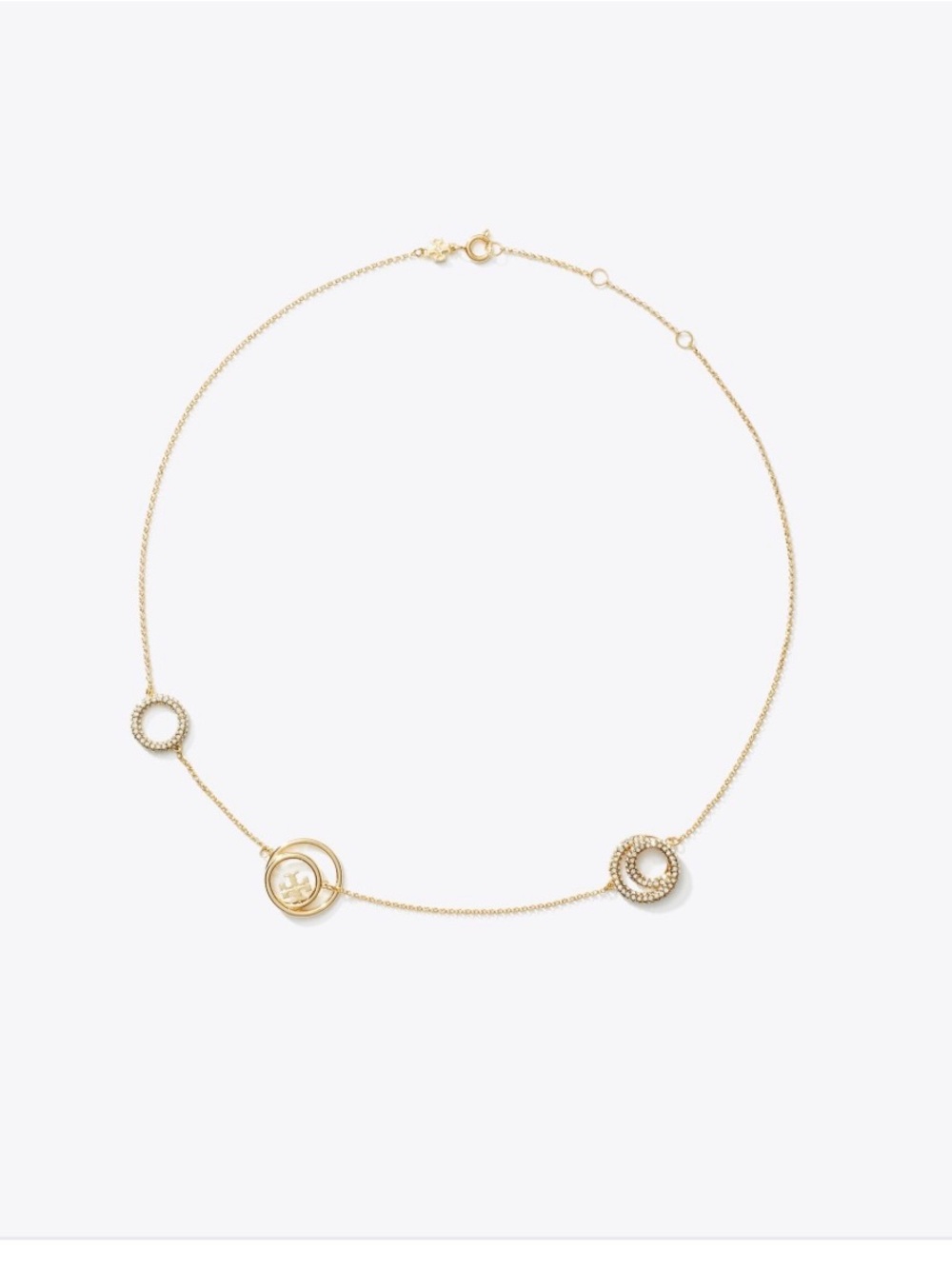 Tory Burch Miller T Gold Double-Circle Pendant Necklace with Crystal Rings - Picture 3 of 5